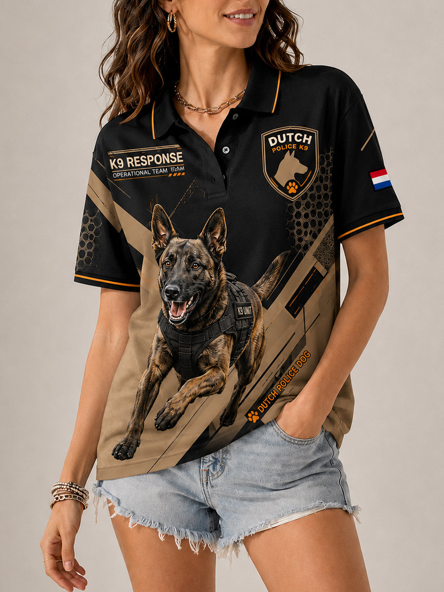 Damespoloshirt met korte mouwen en grafische print met politiehondmotief