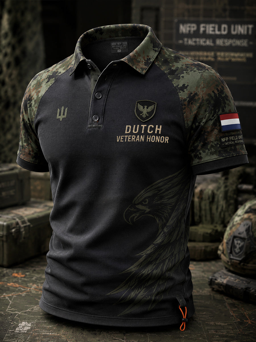 Herenpoloshirt met korte mouwen, vintagecamouflage en militaire prints