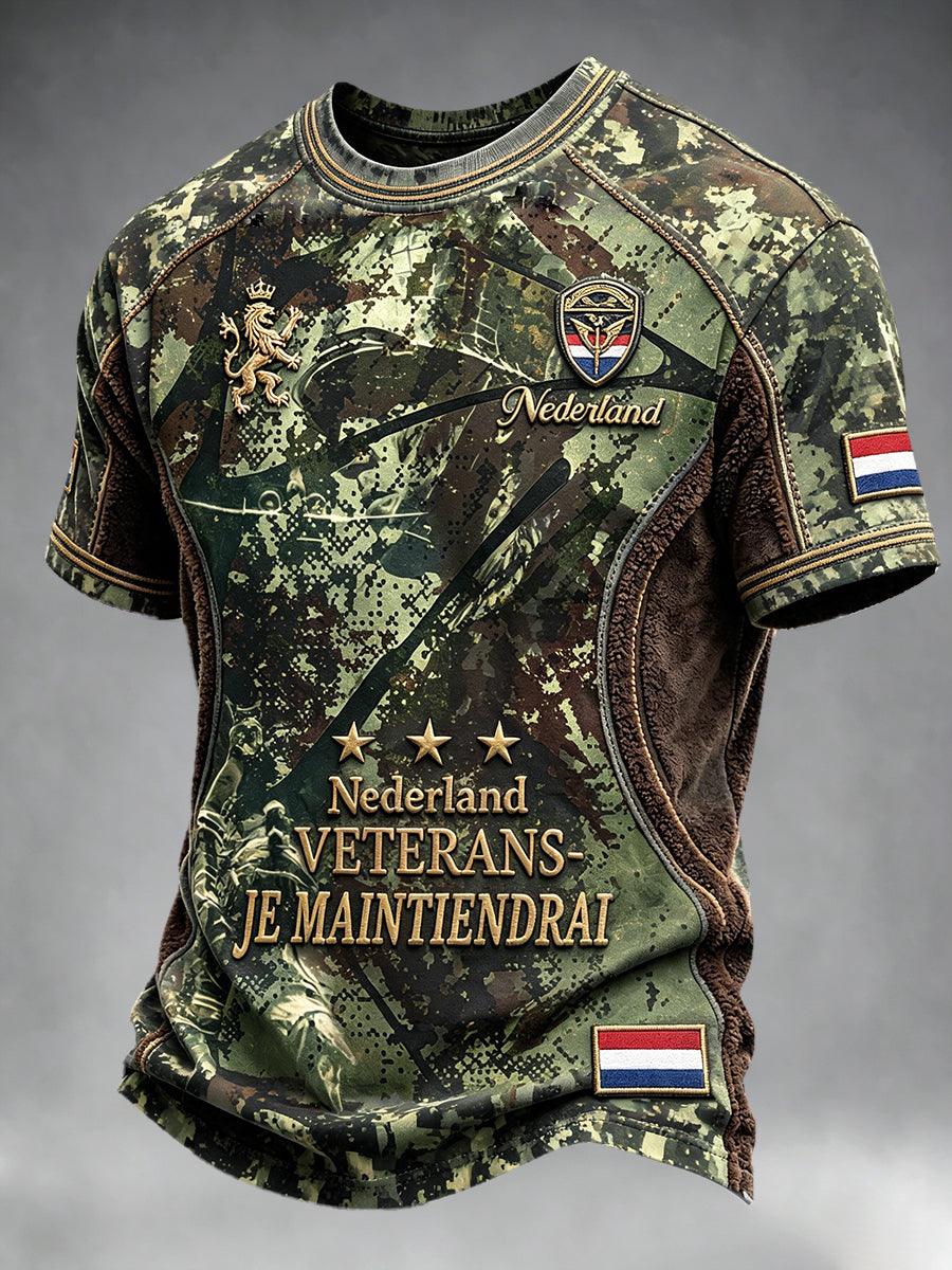 Heren T-shirt in vintage camouflagestijl met Nederlandse veteraanprint en patchwork-ontwerp, casual