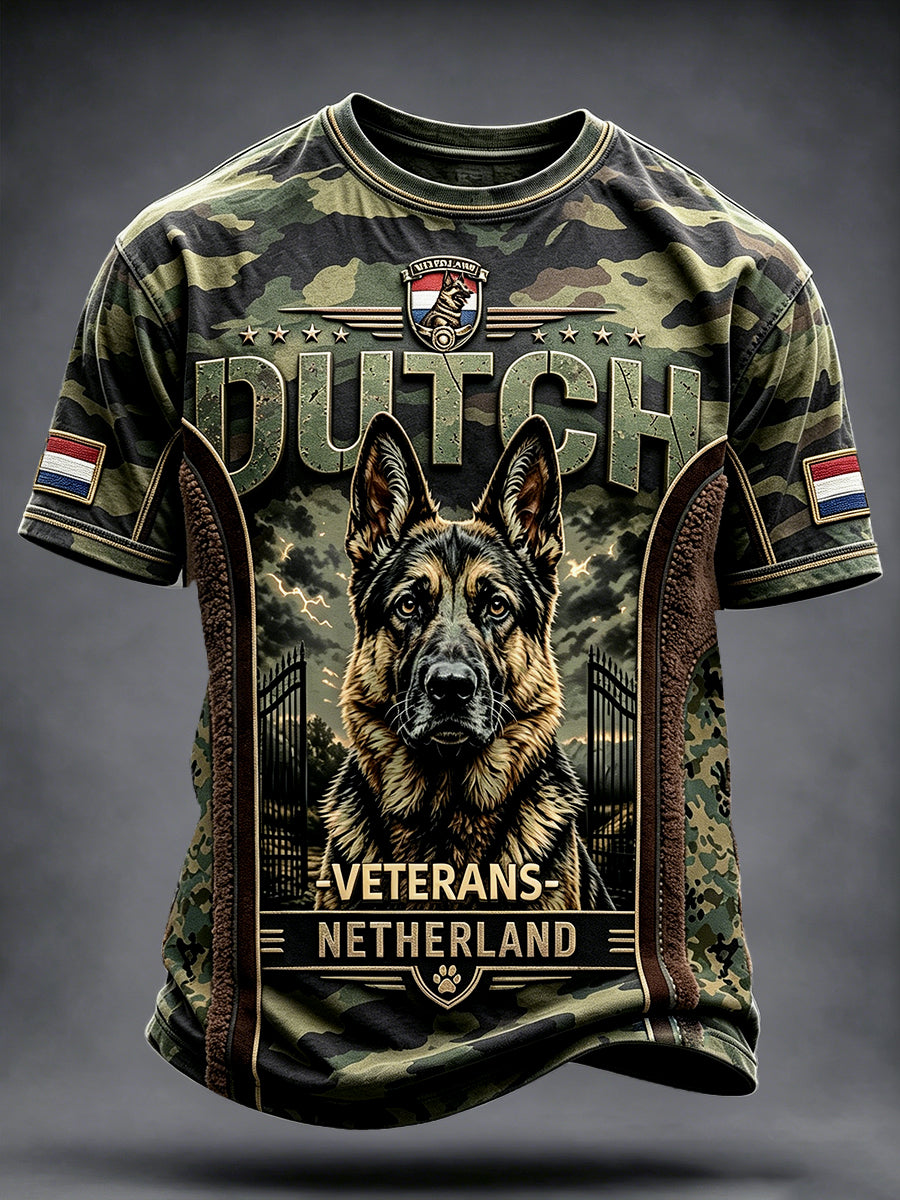 Heren T-shirt in camouflageprint met patchwork, casual, voor Nederlandse werkhonden van veteranen