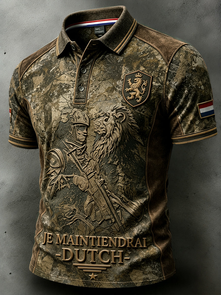 Herenvest met vintage Nederlandse militaire camouflageprint en patchwork, casual poloshirt