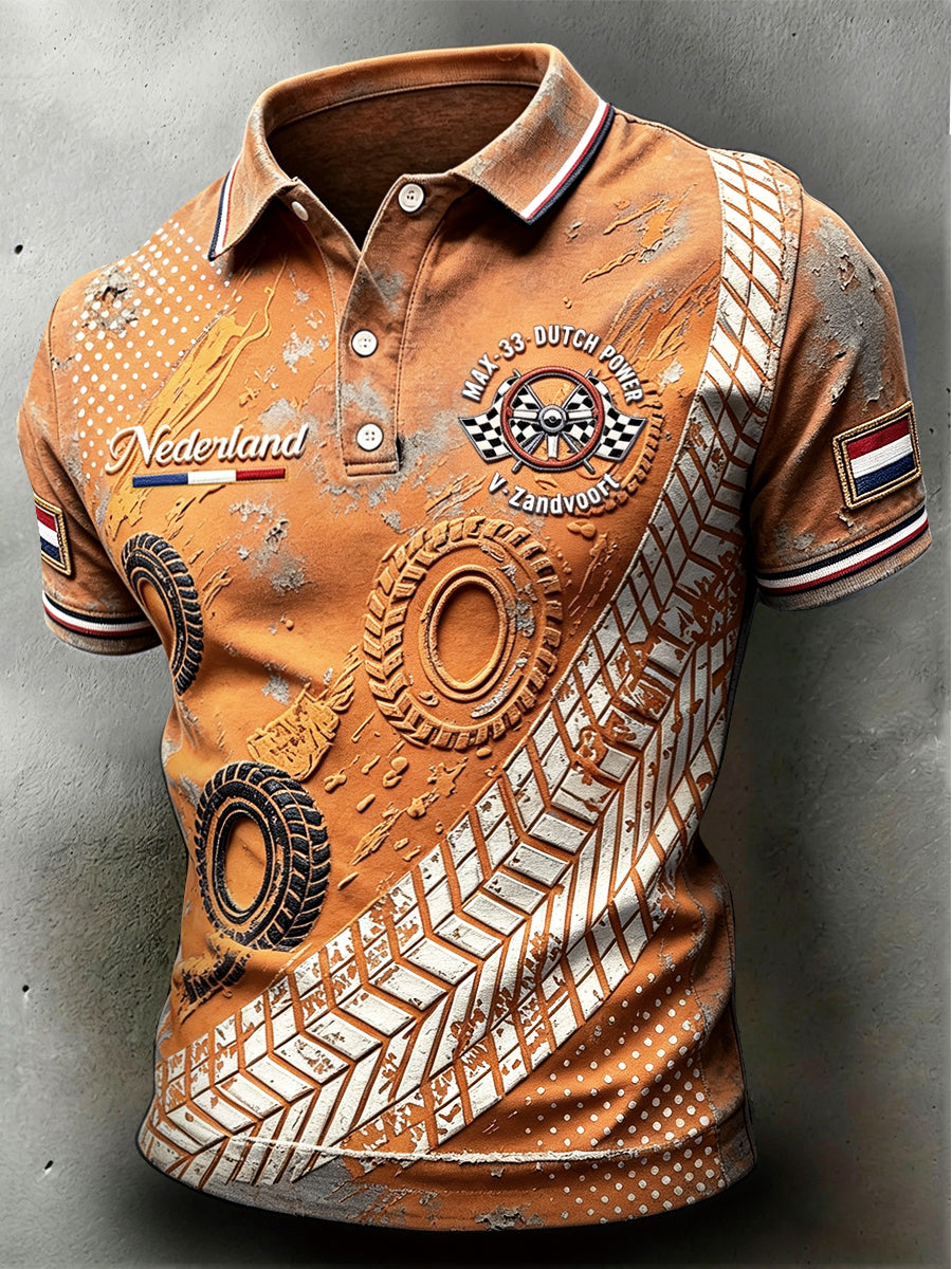 Herenvintage Nederlandse racepolo van Zandvoort met patchworkprint, casual stijl