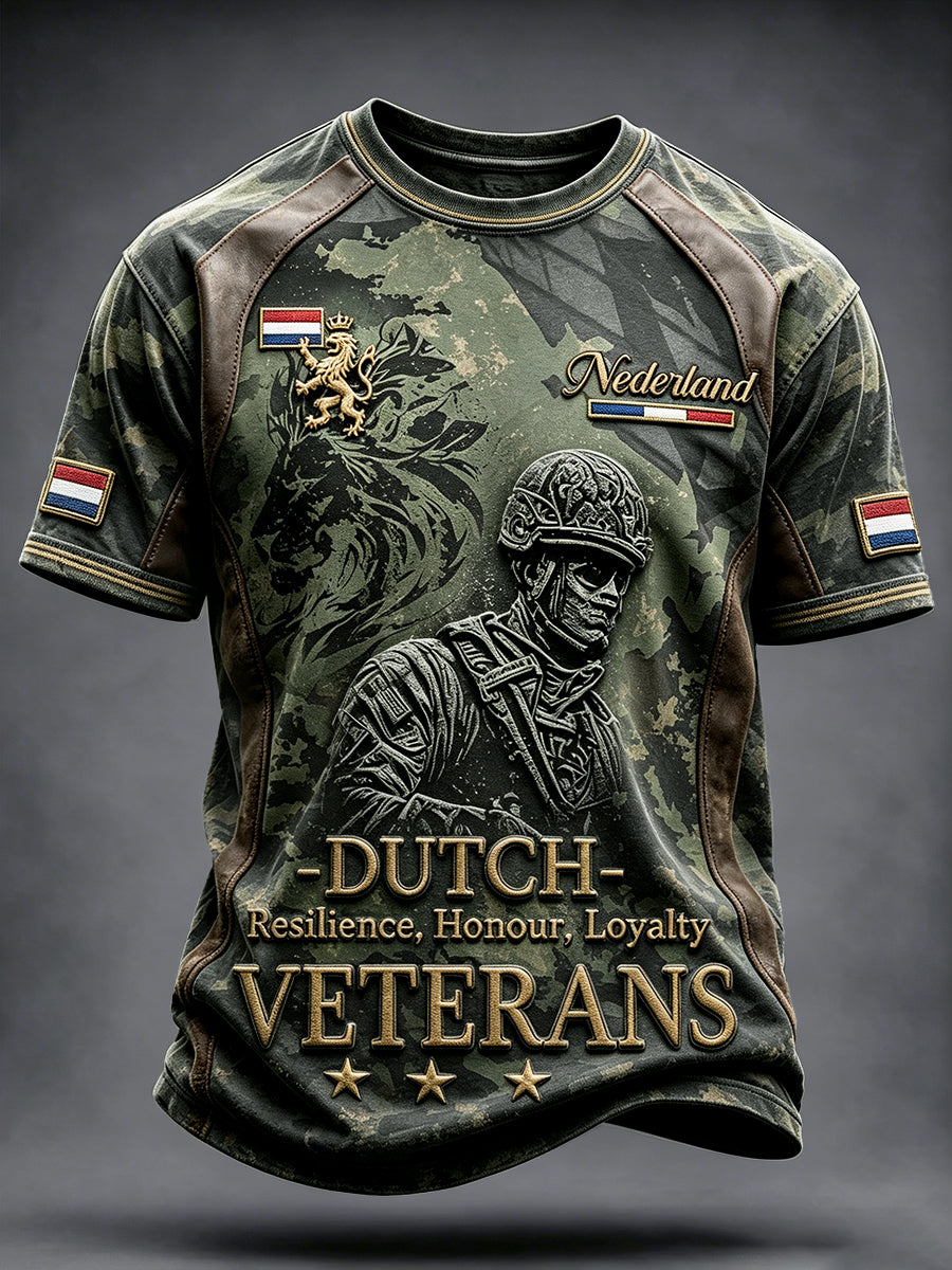 Casual t-shirt voor heren met patchworkprint en Nederlands veteranenmotief
