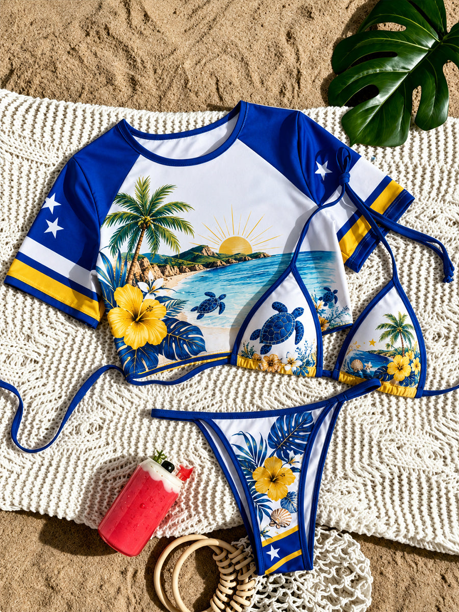Driedelige bikiniset voor dames met op het eiland geïnspireerde print
