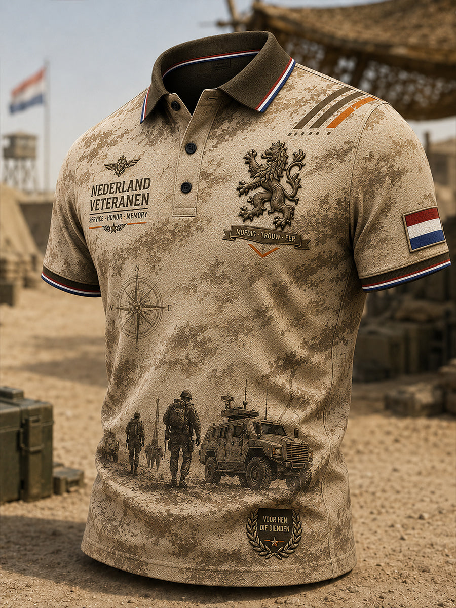 Herenpoloshirt met korte mouwen en vintageprint in militaire stijl