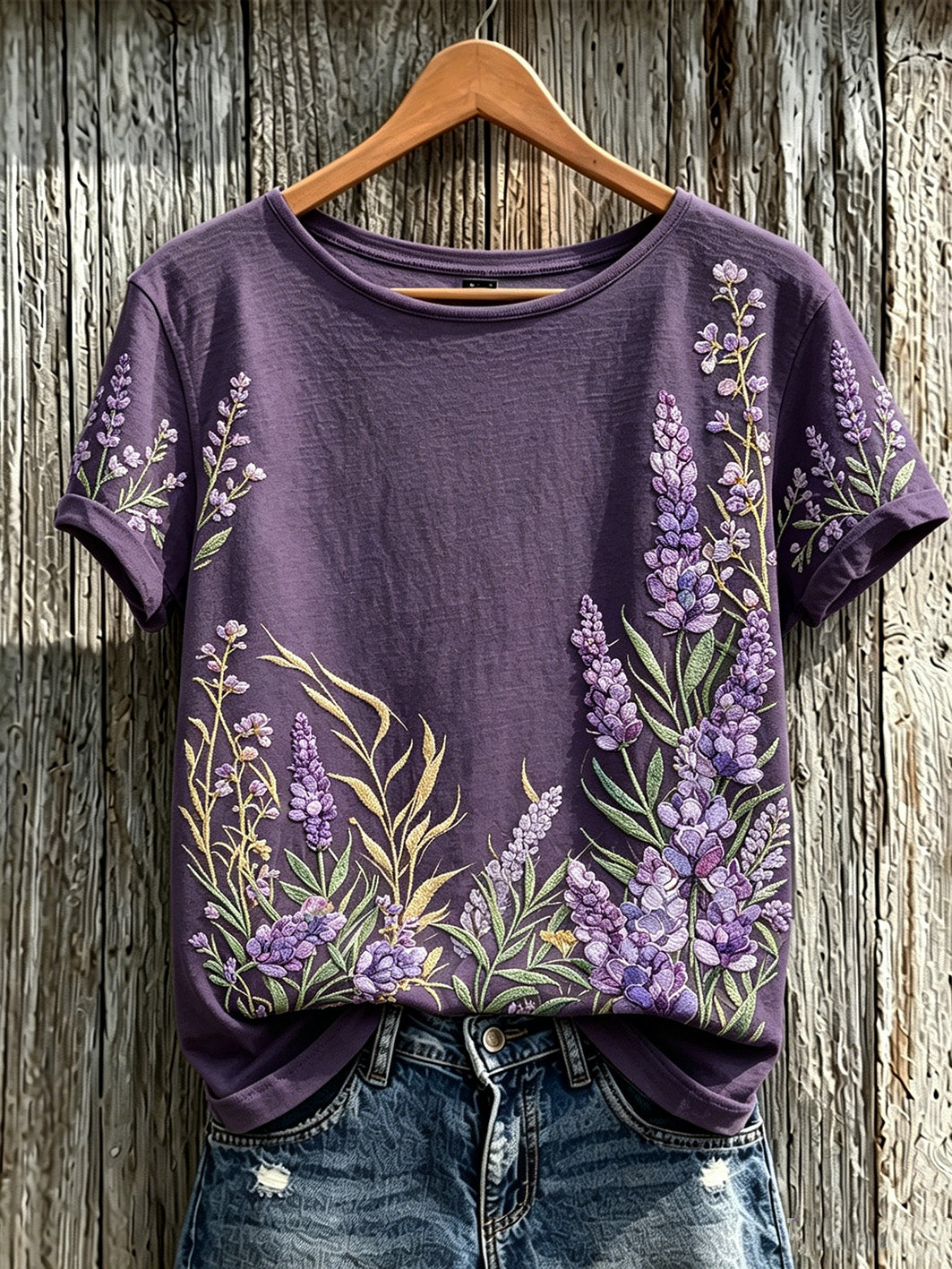 Paars t-shirt voor dames met planten- en bloemenpatroon, casual, korte mouwen