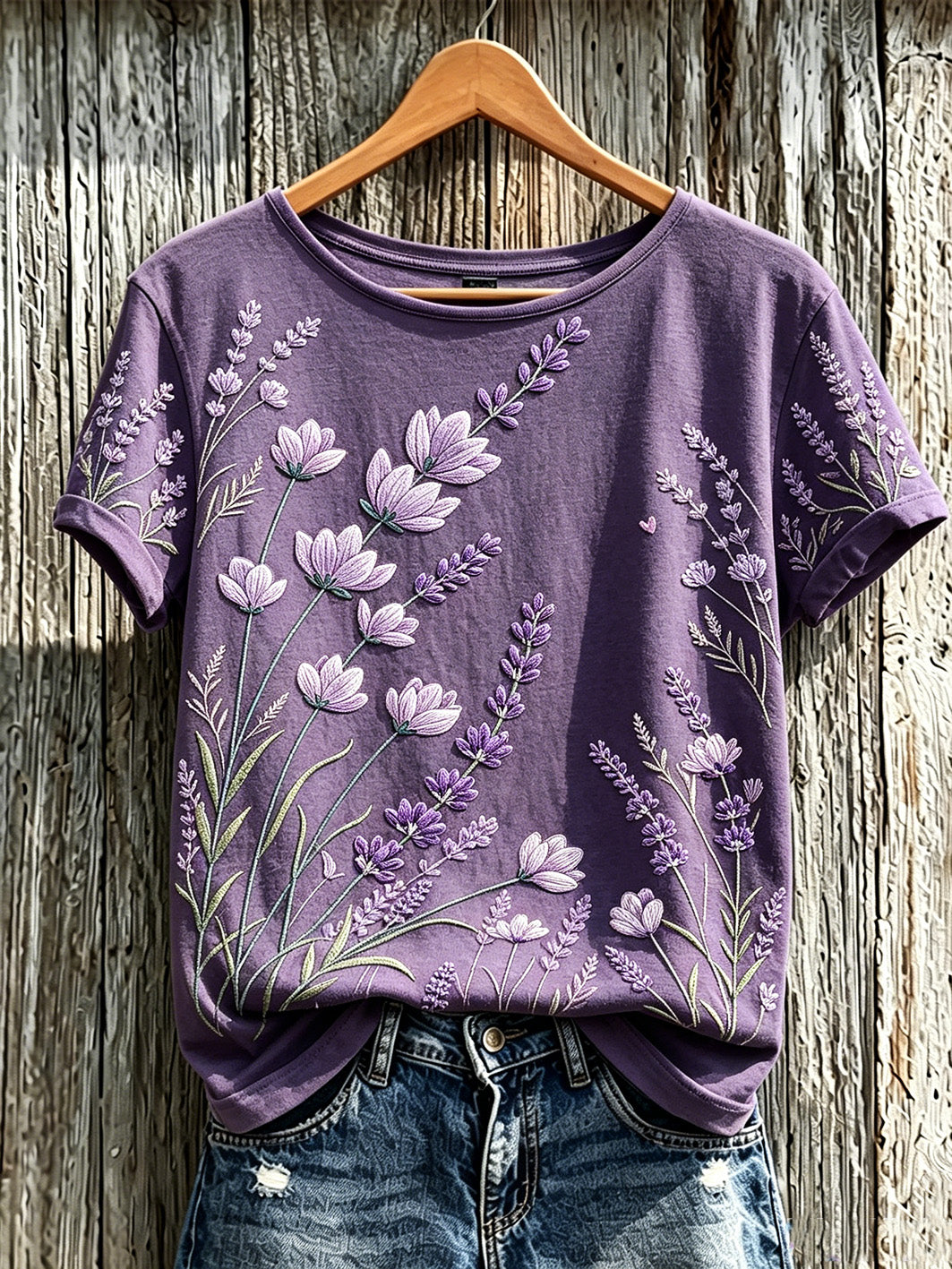 Paars t-shirt voor dames met planten- en bloemenpatroon, casual, korte mouwen