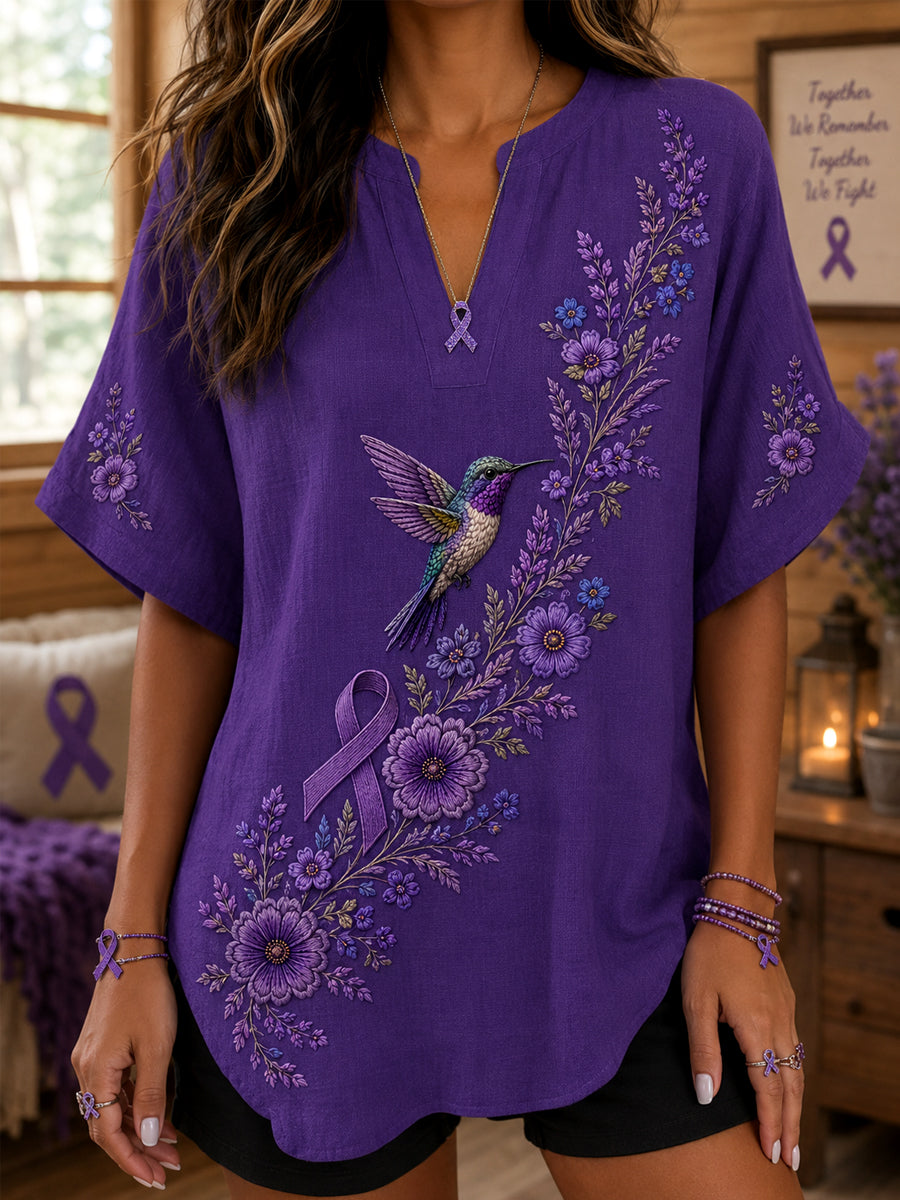 Paarse bloemen-en kolibrieprint voor dames Alzheimer's Awareness Ondersteuning V-hals shirt