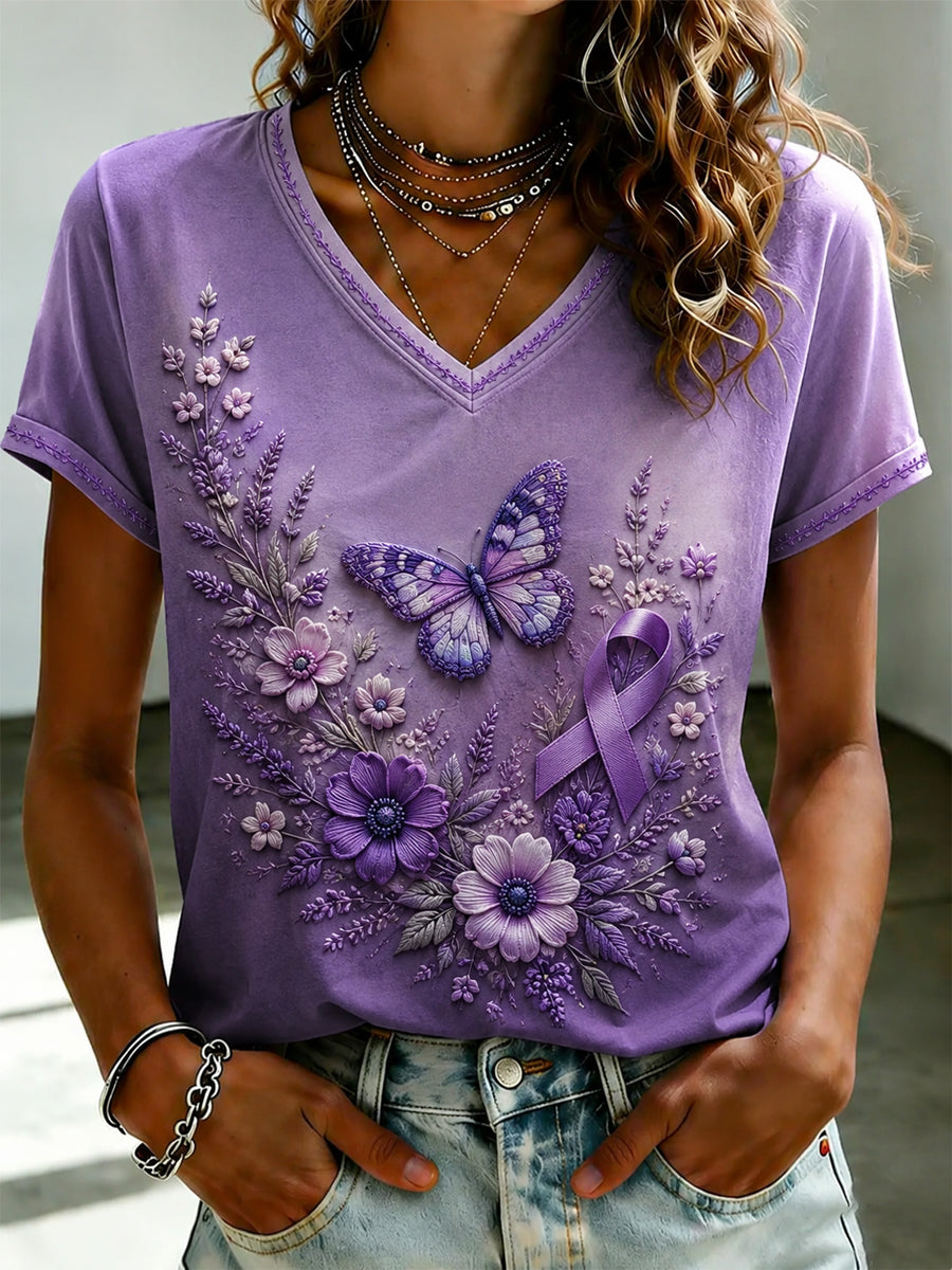 Paars T-shirt met print en V-hals voor dames