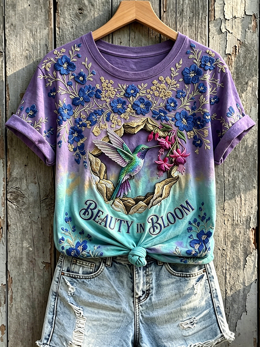 Vrouwen Schoonheid In Bloom Kolibrie Bloemenprint T-shirt met korte mouwen