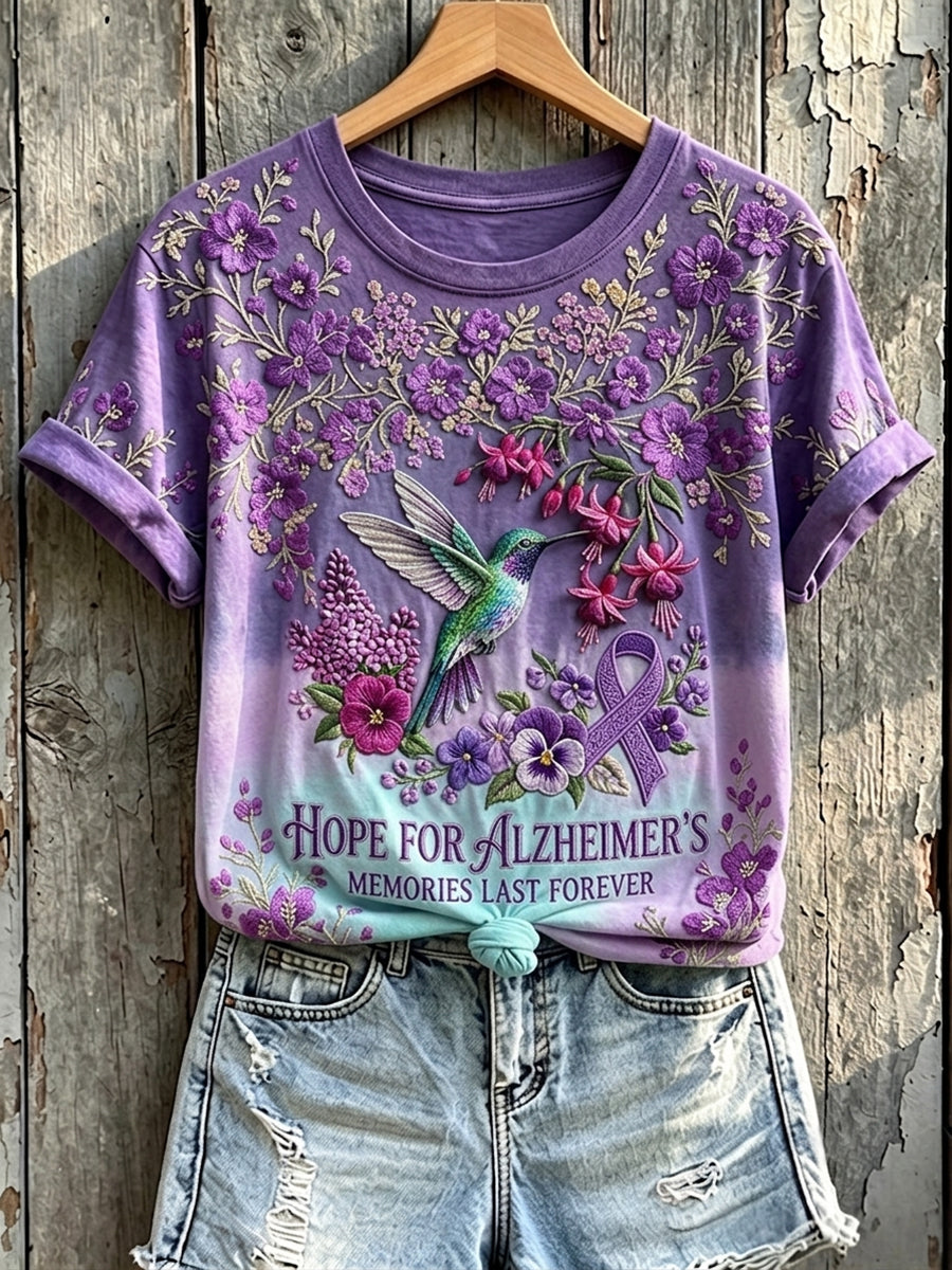 Herinneringen voor dames voor altijd paarse lintkolibrie met korte mouwen T-shirt