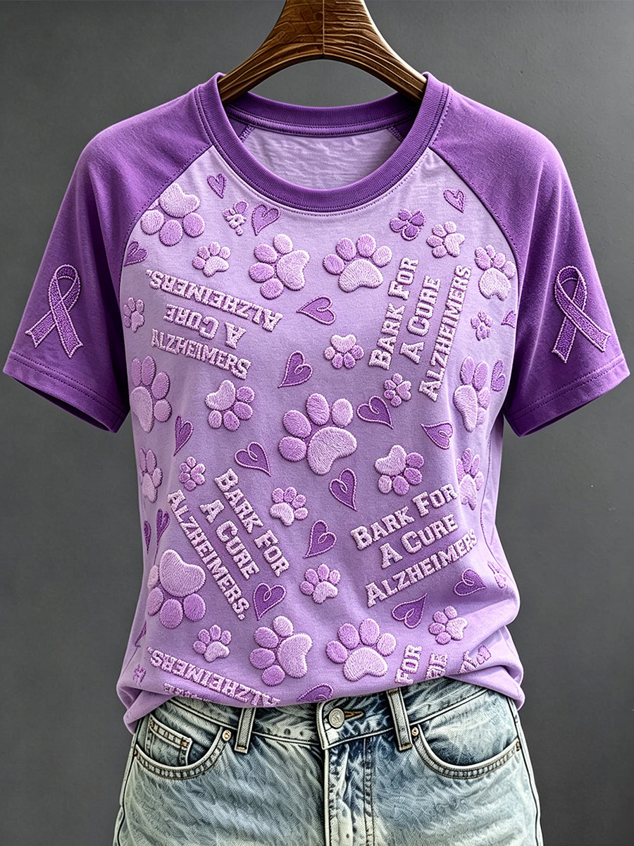 Dames Alzheimer Paws paarse lintprint met ronde hals en korte mouwen T-shirt