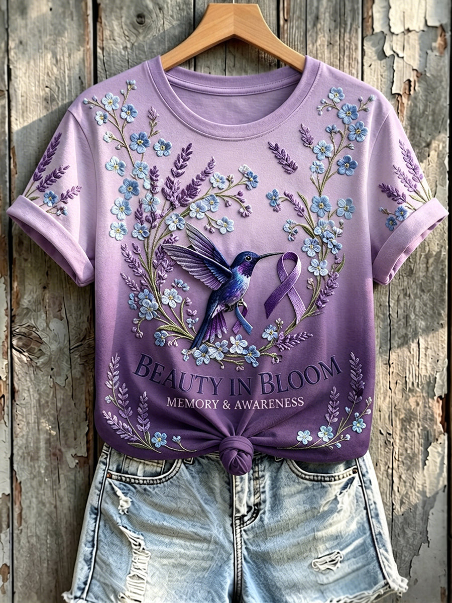 Paars lint-hommelprint T-shirt met korte mouwen voor vrouwen, ter herinnering en bewustwording