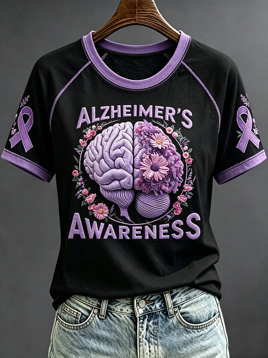 Purple Ribbon Awareness Print T-shirt met ronde hals en korte mouwen