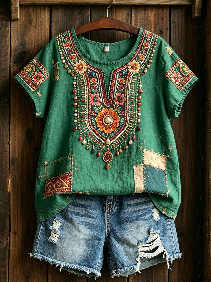 Dames traditionele bloemen patroon katoenen linnen shirt