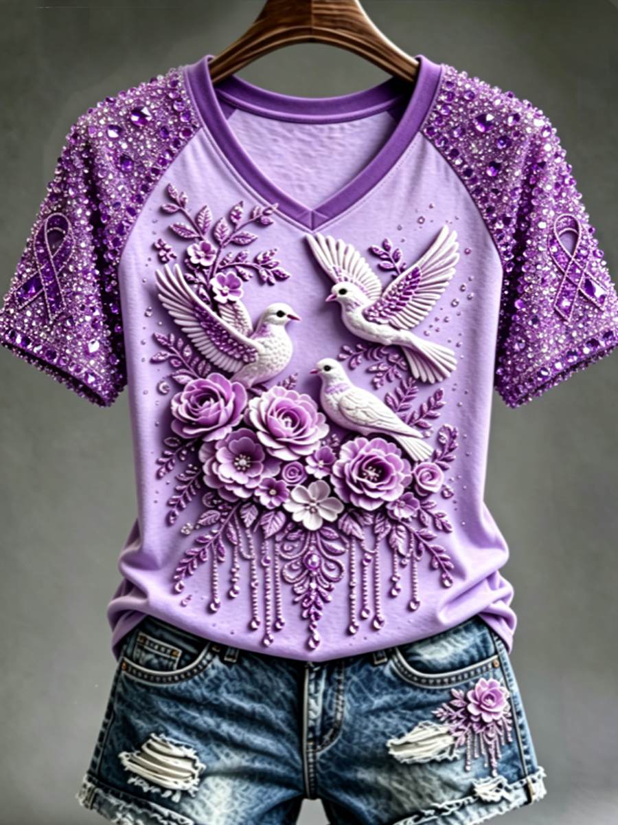 Dames-T-shirt met paarse bloemen- en kolibrieprint ter ondersteuning van het bewustzijn rond Alzheimer, met V-hals
