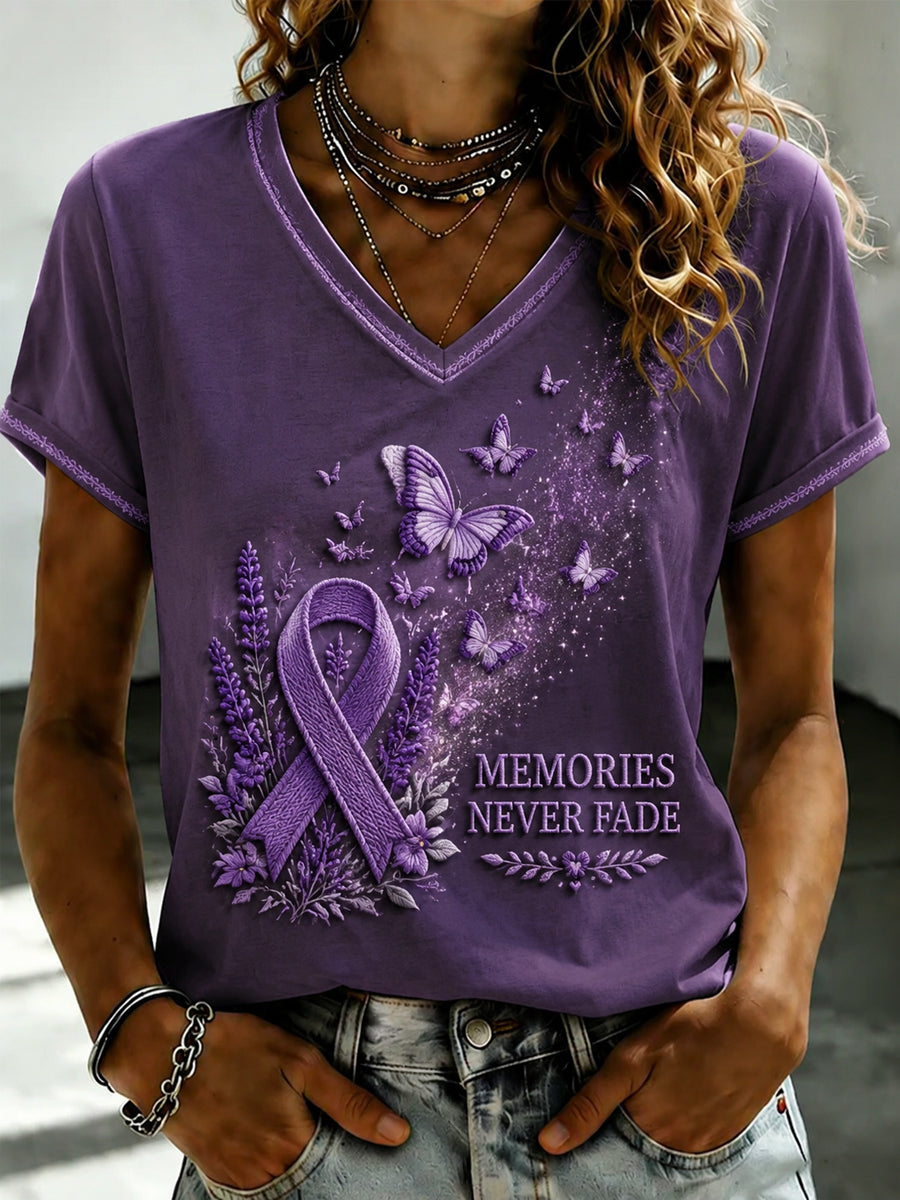 Paars dames-T-shirt met Flora-kunstprint en V-hals