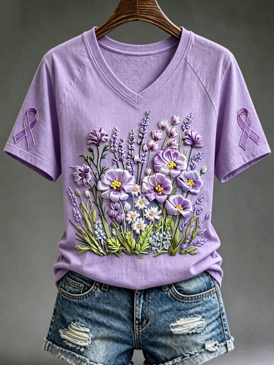 Dames-T-shirt met paarse bloemen- en kolibrieprint ter ondersteuning van het bewustzijn rond Alzheimer, met V-hals
