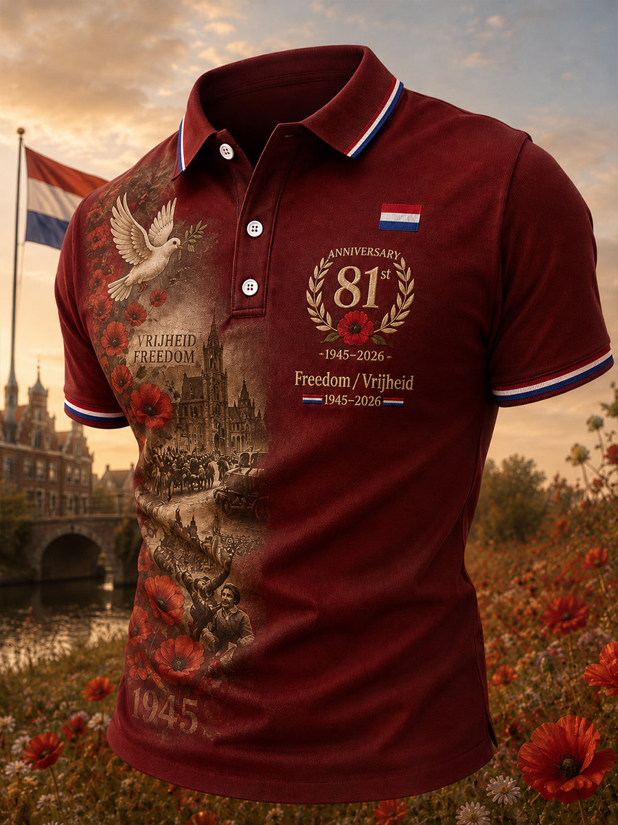 Herenpoloshirt met korte mouwen en een vintage herdenkingsprint ter ere van Bevrijdingsdag