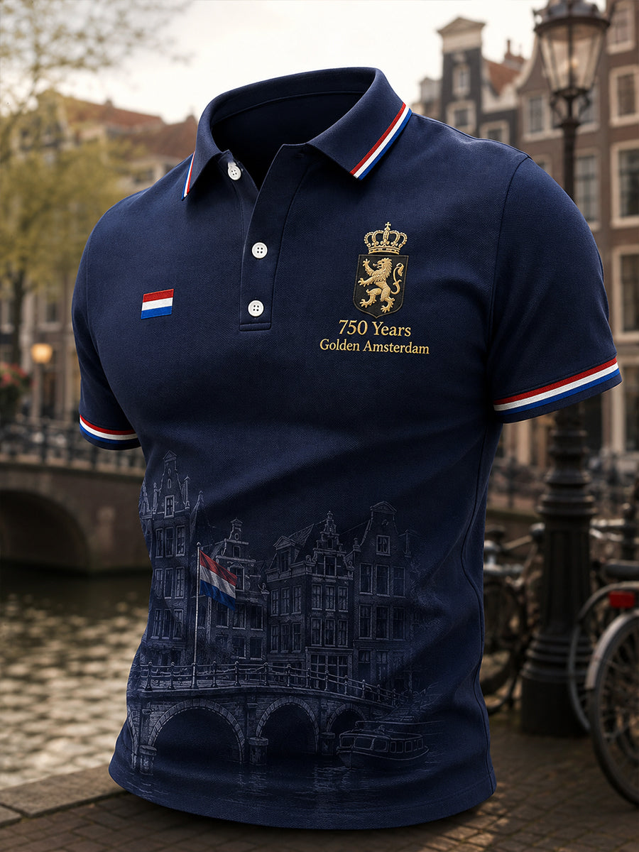 Herenpoloshirt met grafische print ter ere van het 750e jubileum, korte mouwen