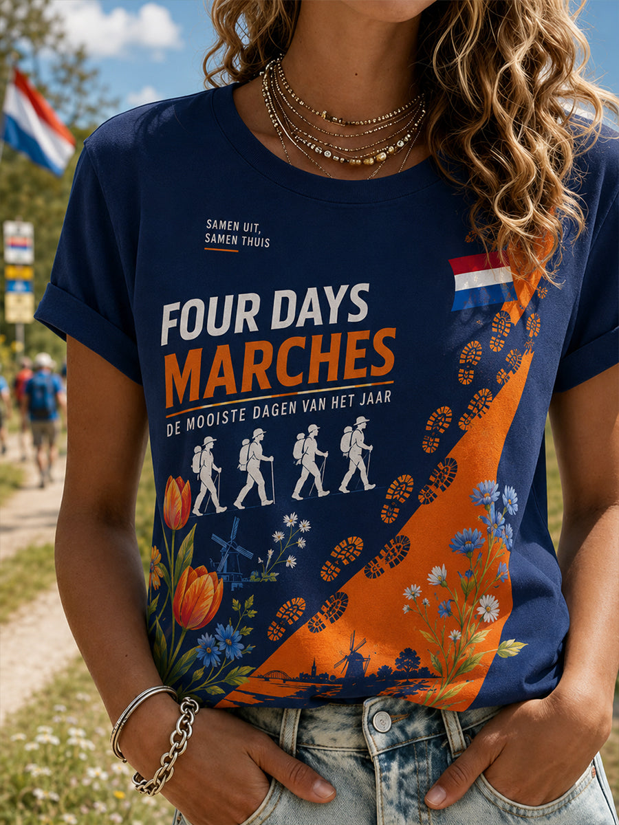 Dames T-shirt met korte mouwen en "Four-Day March"-themaprint