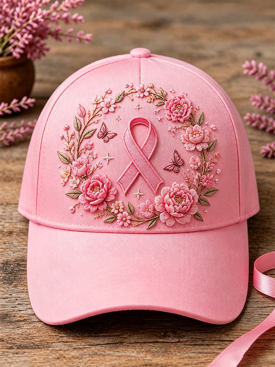 Uniseks roze pet met bloemenprint ter ondersteuning van borstkankerbewustwording