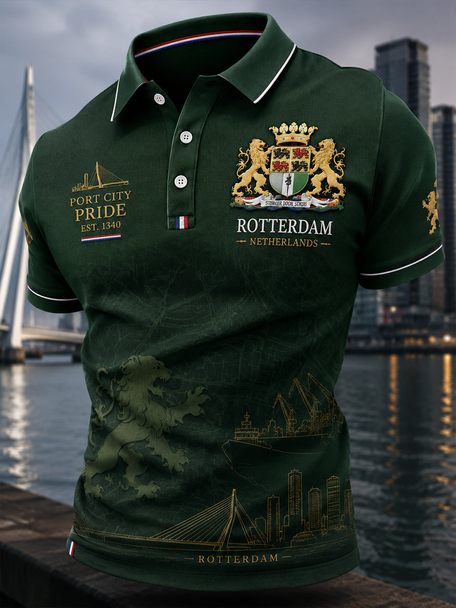 Herenpoloshirt met korte mouwen en stedelijk herdenkingsmotief
