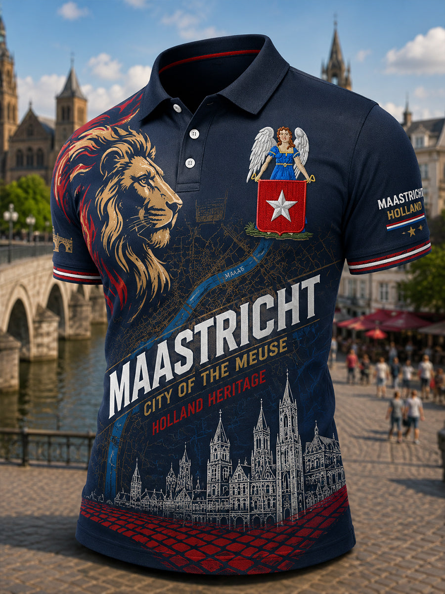 Herenpoloshirt met korte mouwen en stedelijk herdenkingsmotief