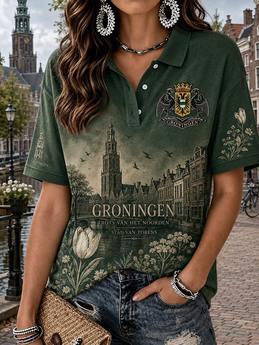 Damespoloshirt met korte mouwen en grafische print van een stads souvenir