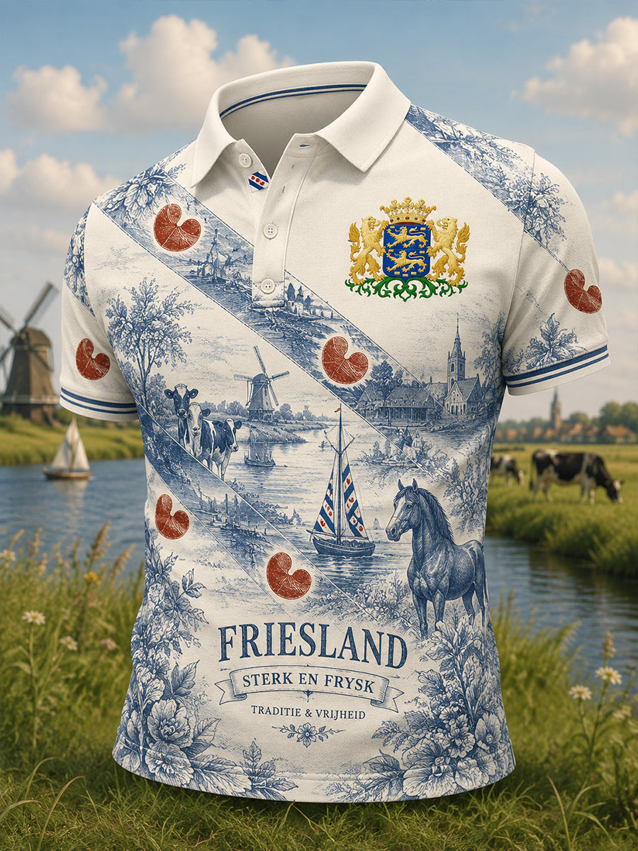 Herenpoloshirt met korte mouwen en stedelijk herdenkingsmotief