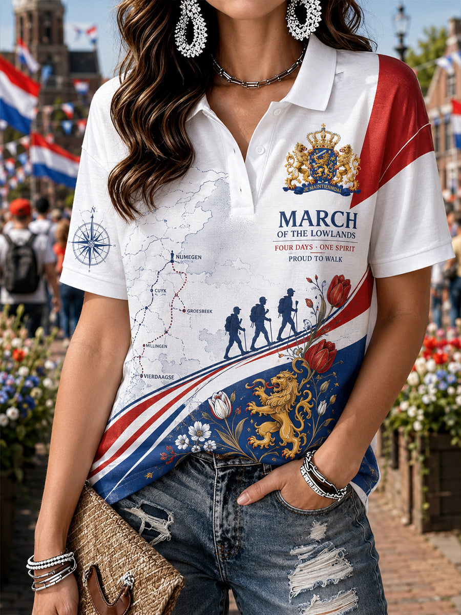 Vierdaagsefeestgrafische print poloshirt met korte mouwen voor dames