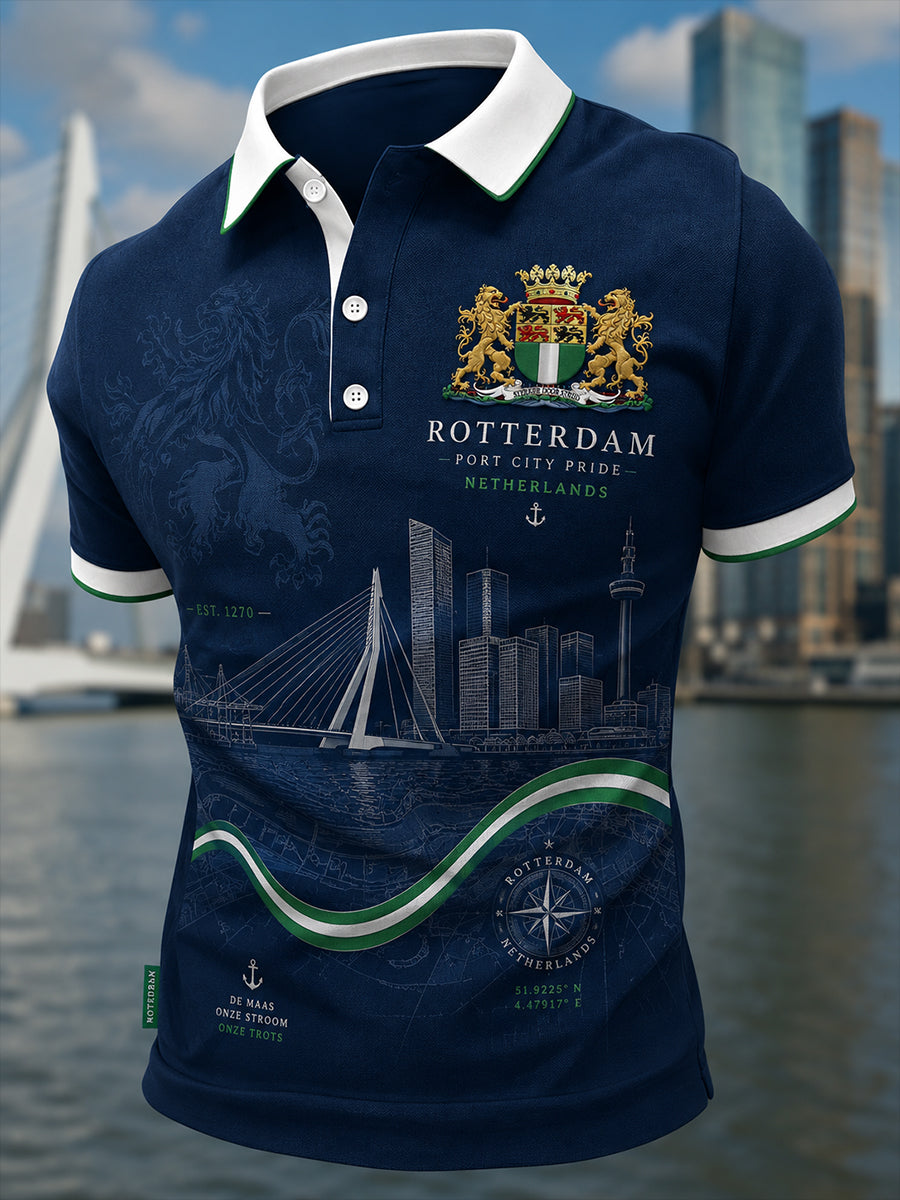 Herenpoloshirt met korte mouwen en stedelijk herdenkingsmotief