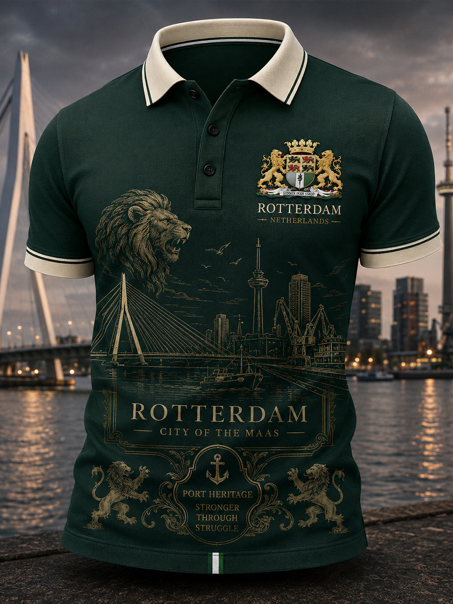 Herenpoloshirt met korte mouwen en stedelijk herdenkingsmotief