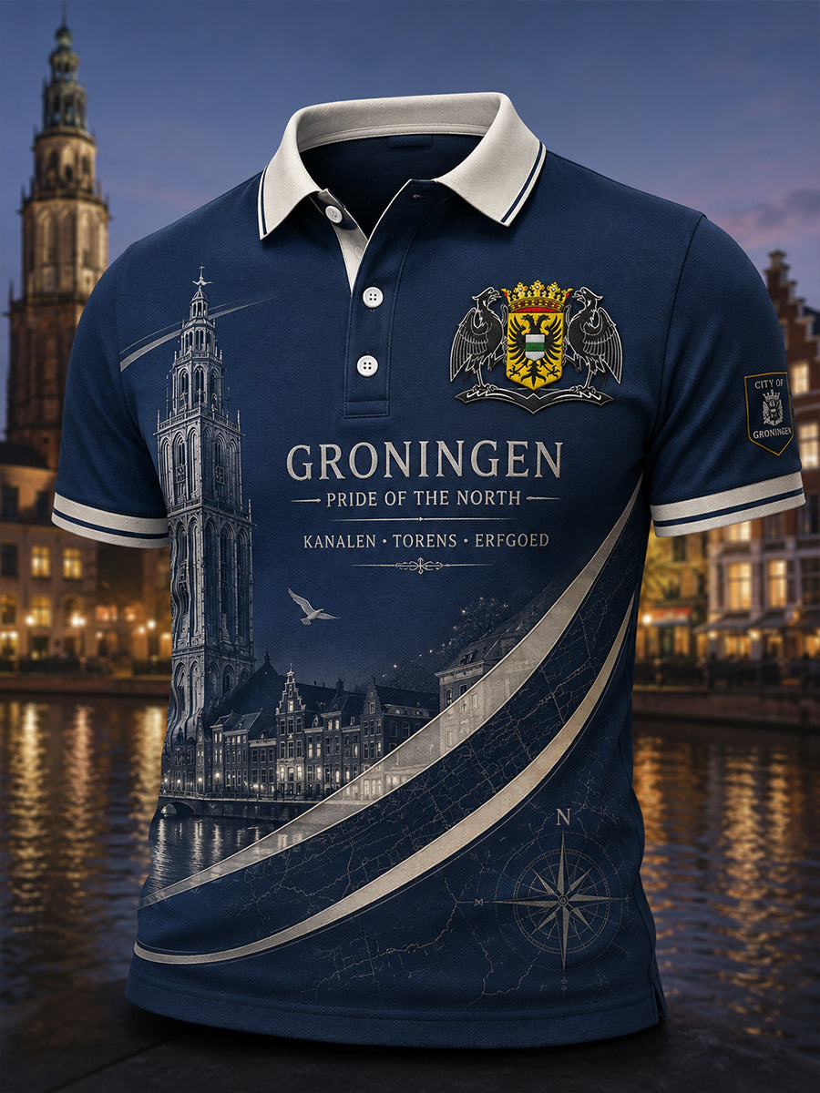 Herenpoloshirt met korte mouwen en stedelijk herdenkingsmotief