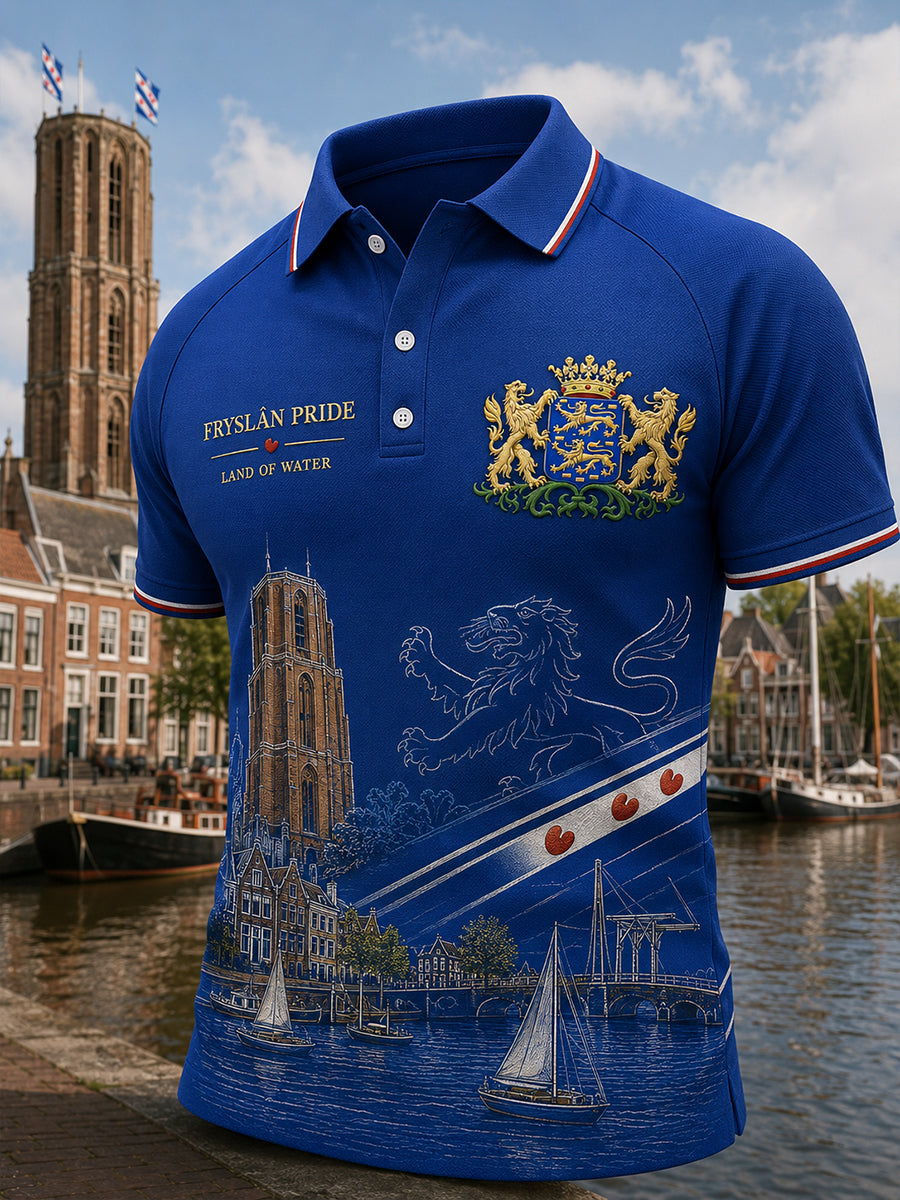 Herenpoloshirt met korte mouwen en stedelijk herdenkingsmotief