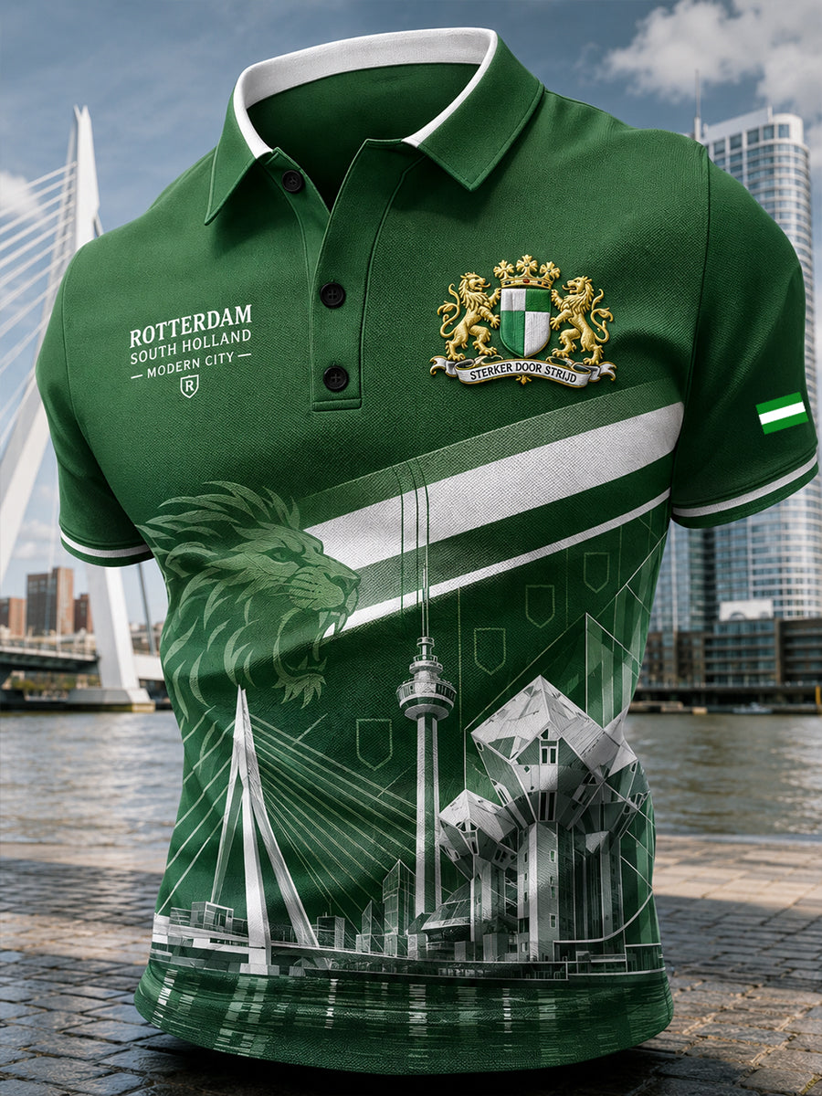 Herenpoloshirt met korte mouwen en stedelijk herdenkingsmotief