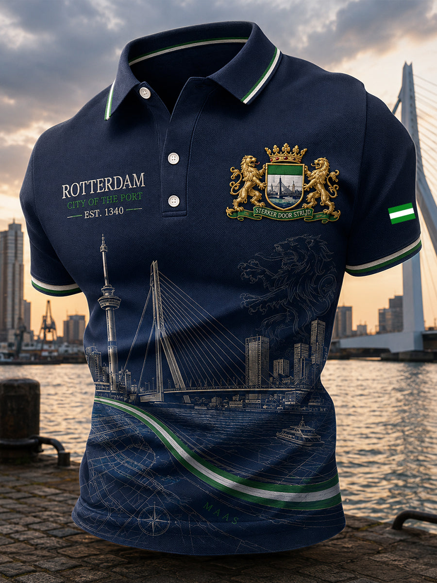 Herenpoloshirt met korte mouwen en stedelijk herdenkingsmotief