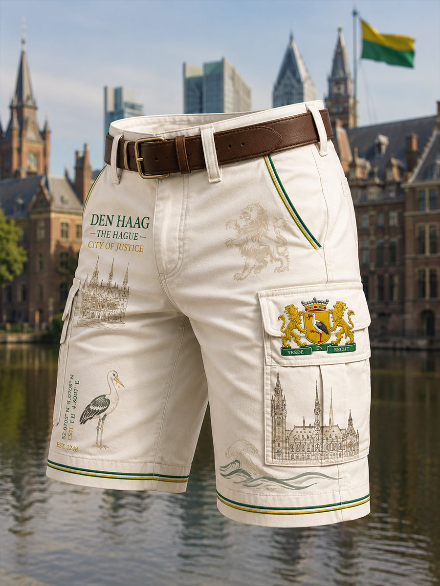 Herensmokingsbroek met stedelijk herdenkingsgraffisch motief en cropped model