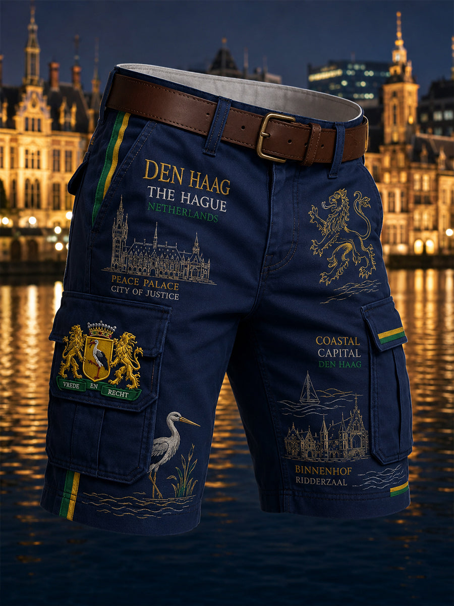 Herensmokingsbroek met stedelijk herdenkingsgraffisch motief en cropped model
