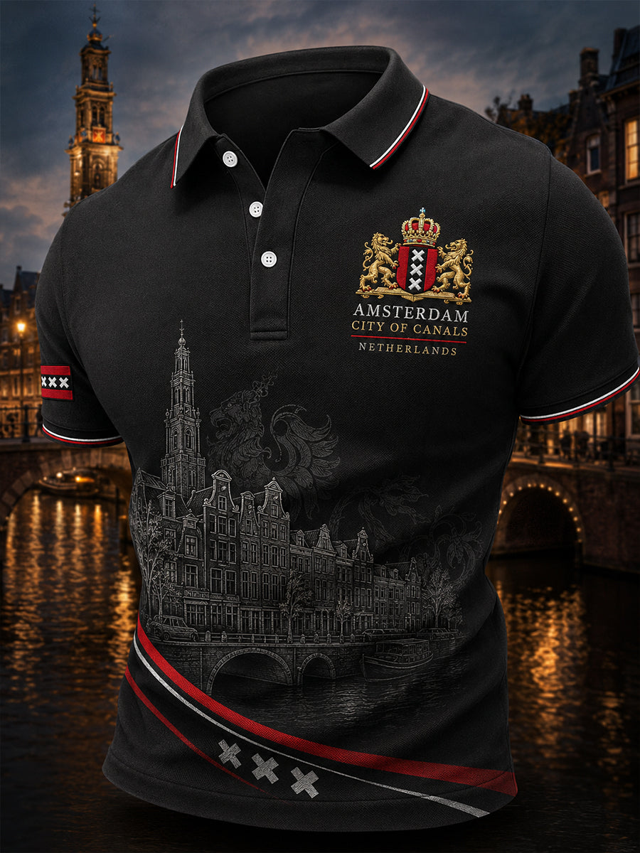 Herenpoloshirt met korte mouwen en stedelijk herdenkingsmotief