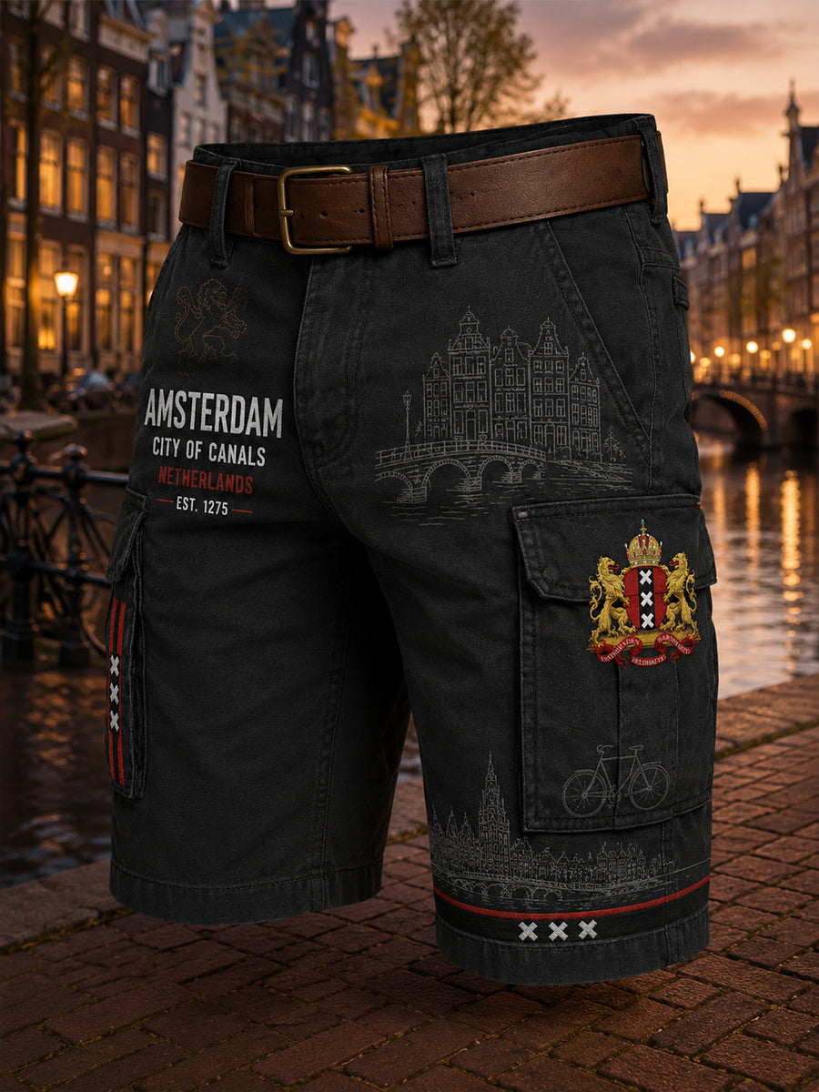 Herensmokingsbroek met stedelijk herdenkingsgraffisch motief en cropped model