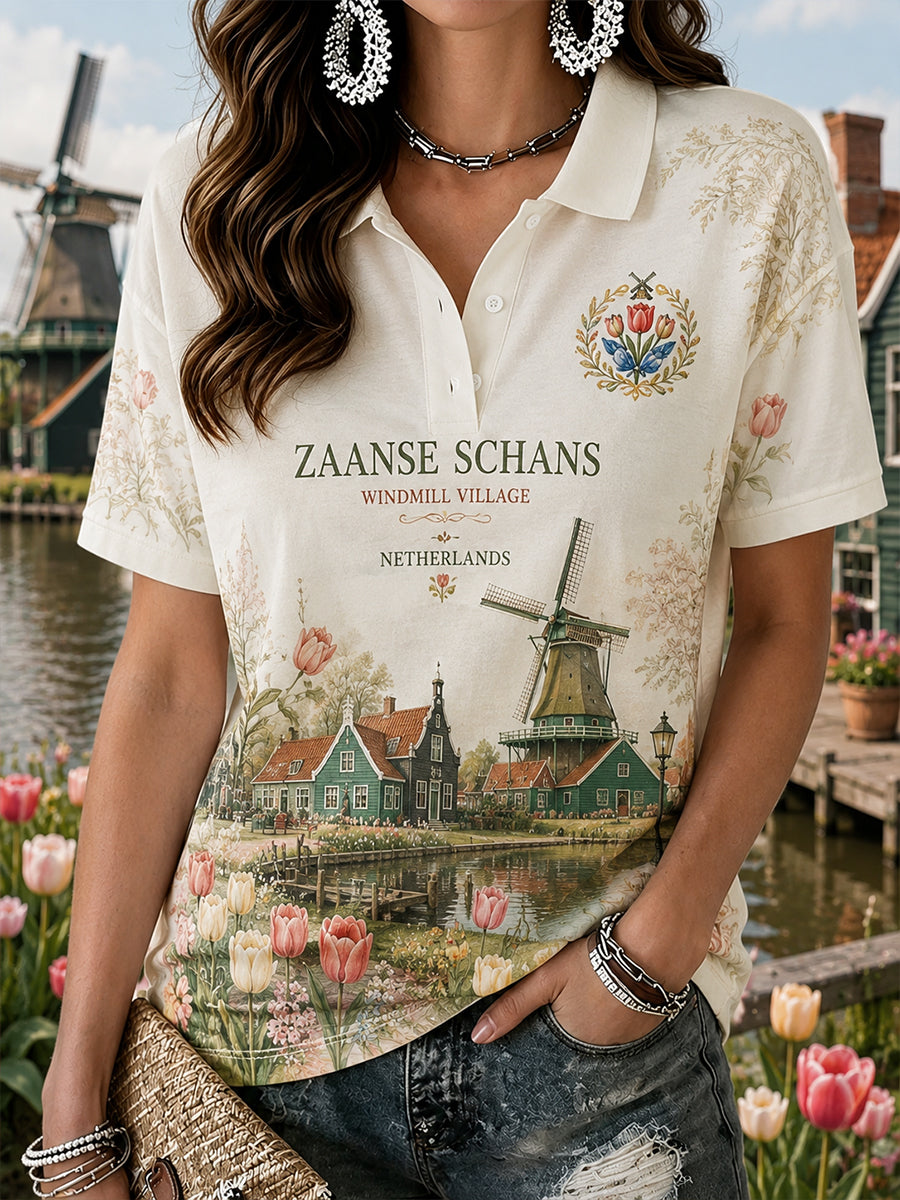 Damespoloshirt met korte mouwen en een souvenirprint van het Dorp met de Windmolen