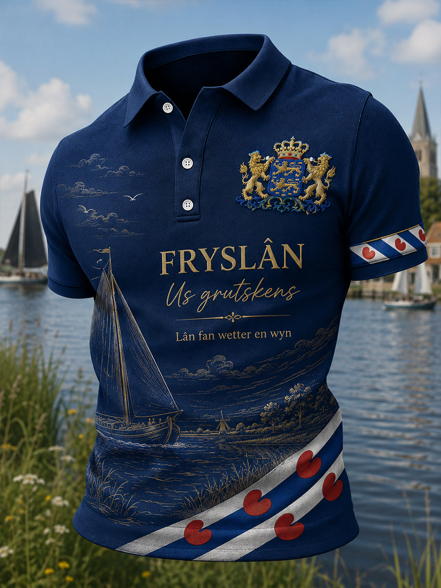 Herenpoloshirt met korte mouwen en stedelijk herdenkingsmotief