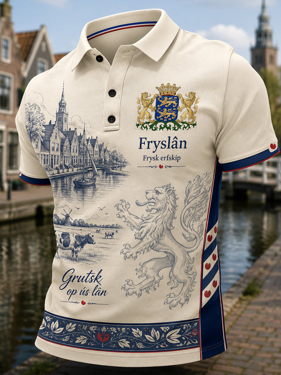 Herenpoloshirt met korte mouwen en stedelijk herdenkingsmotief