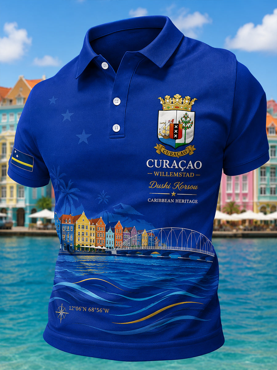 Herenpoloshirt met korte mouwen en eiland-geïnspireerde grafische print