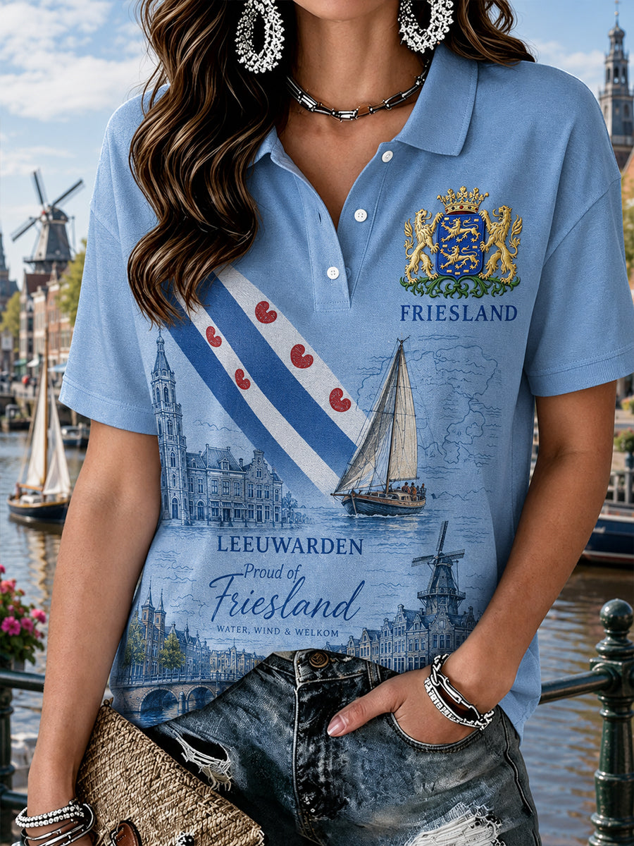 Damespoloshirt met korte mouwen en grafische print van een stads souvenir