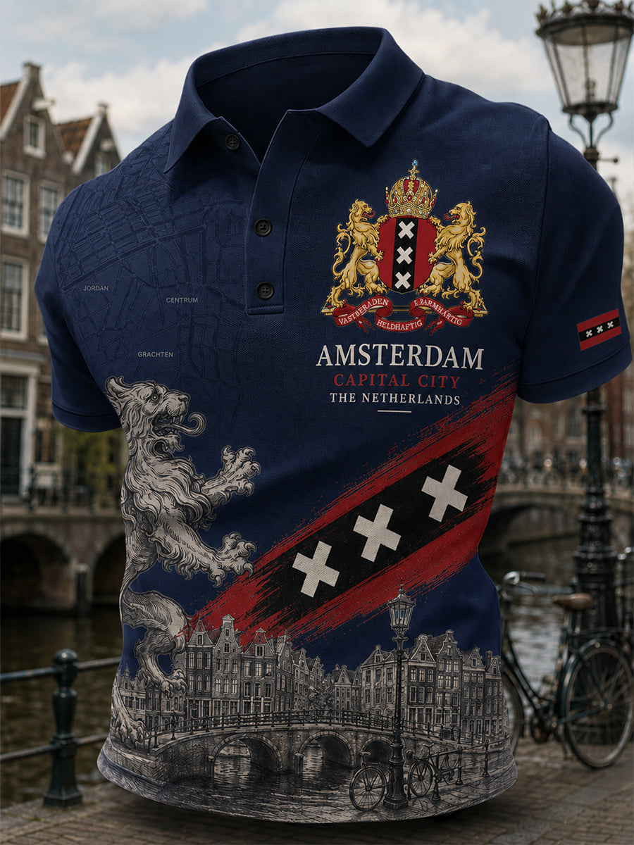 Herenpoloshirt met korte mouwen en stedelijke herdenkingsprint
