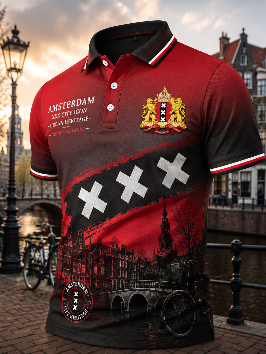 Herenpoloshirt met korte mouwen en stedelijke herdenkingsprint