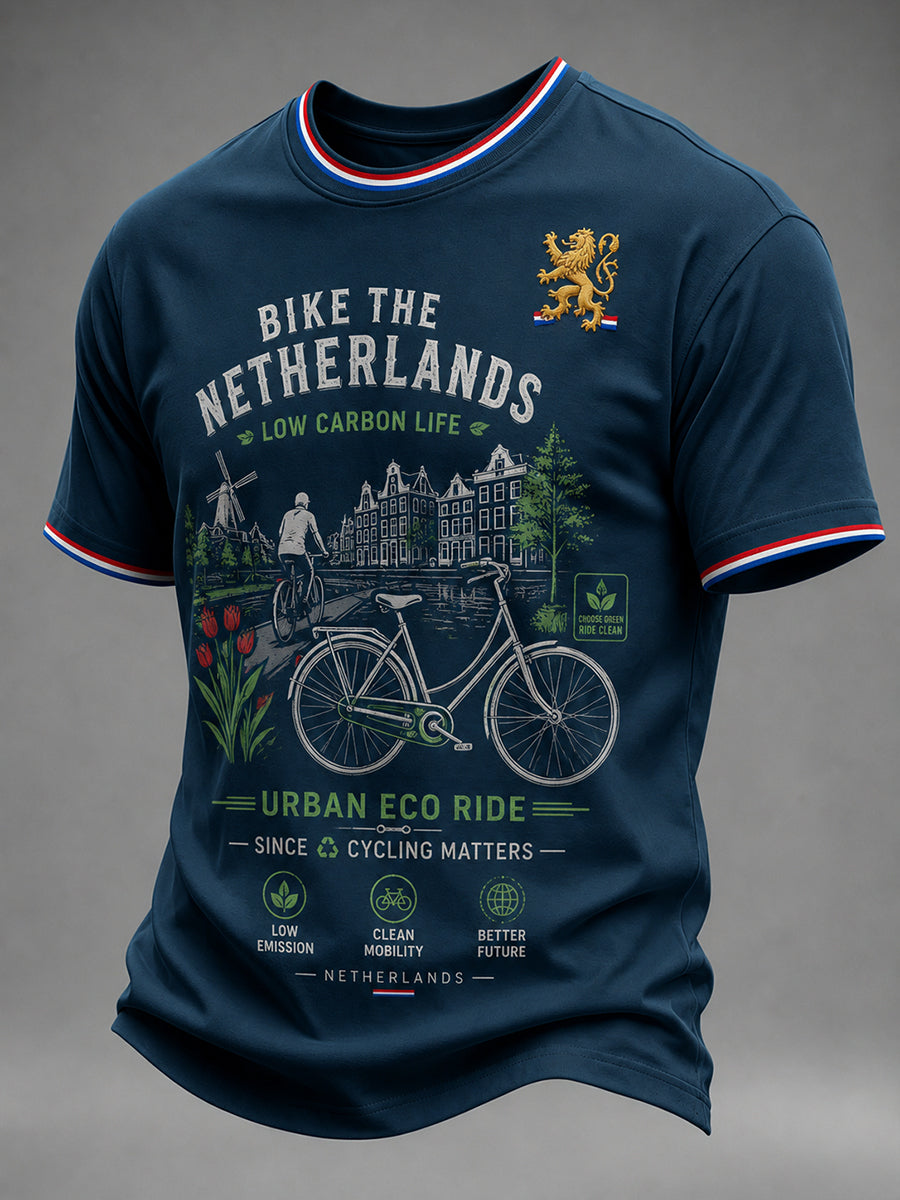 Milieuvriendelijk T-shirt met korte mouwen voor heren en print met fietsthema