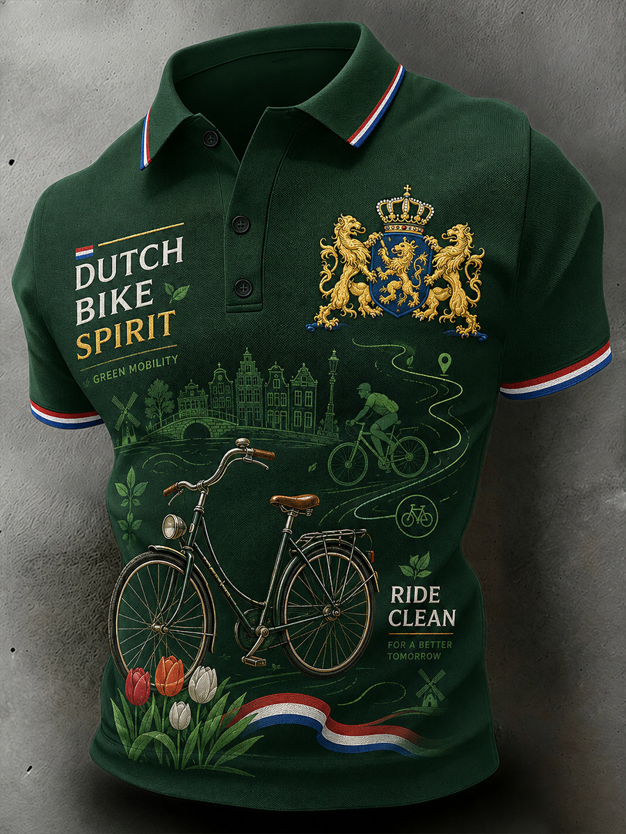 Herenpoloshirt met korte mouwen, milieuvriendelijk en voorzien van een print met fietsthema